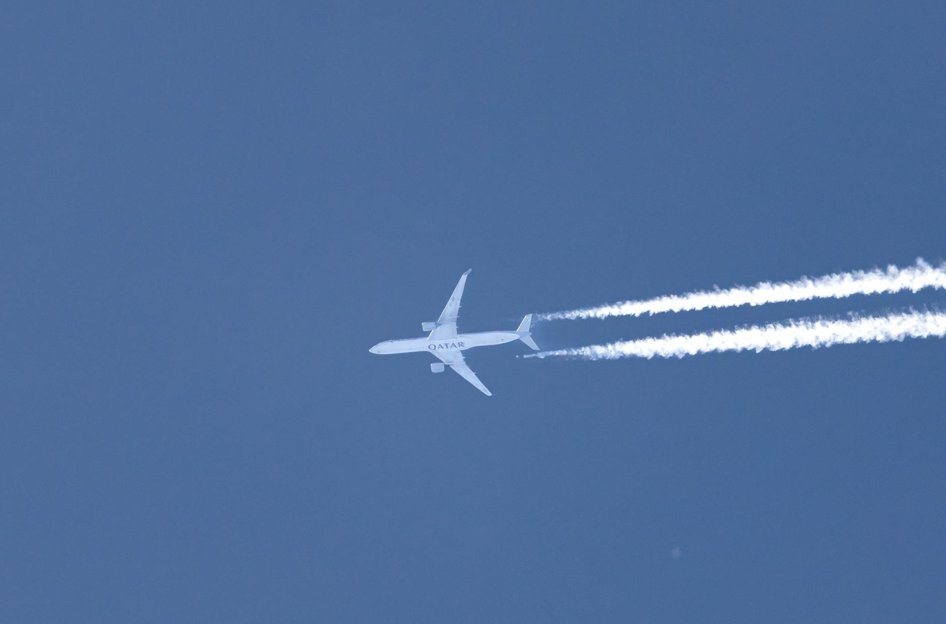 Jet plane soaring above clouds with a green leaf symbol on its tail