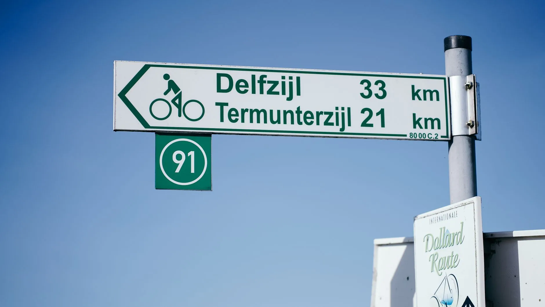 Cyclist riding along a Dutch canal path lined with windmills and tulip fields