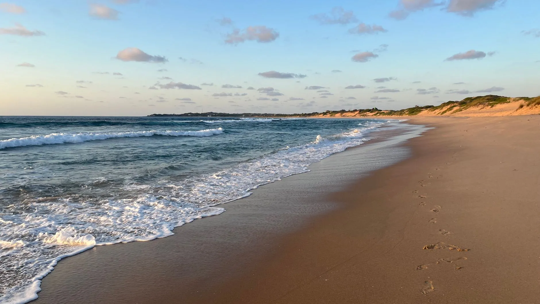 Palm-lined Mozambique beach with turquoise water, dhow boats, and a coastal footpath